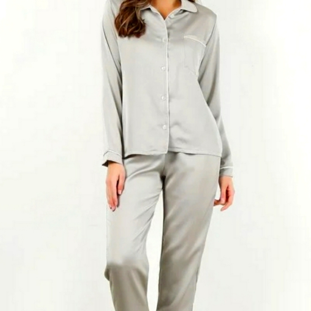 4 Pc Satin Pajama Set (Silvery Gray)